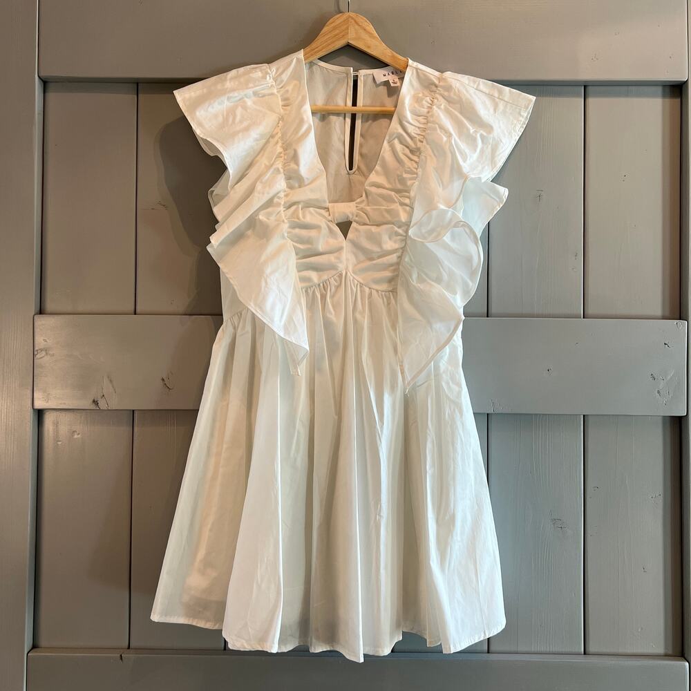 Women’s White Ruffle Mini Dress - Elegant V-Neck
